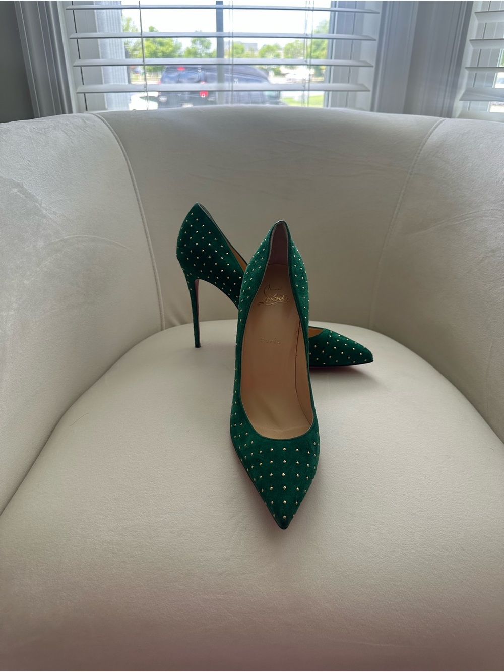 Christian Louboutin Emerald Green Suede Studded Pointed Pumps